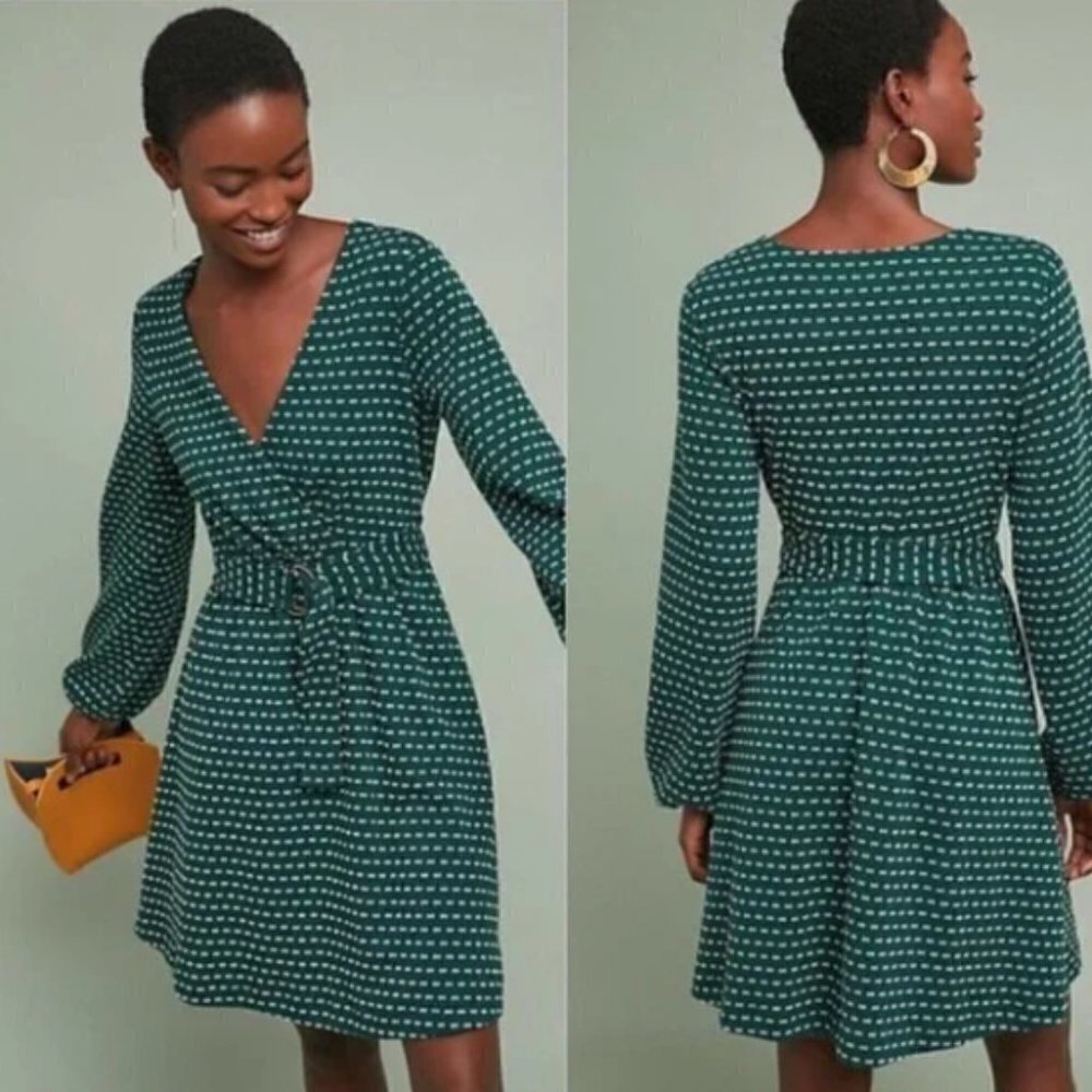 Anthropologie Maeve Malta Green and White Faux Wrap Dress, Small